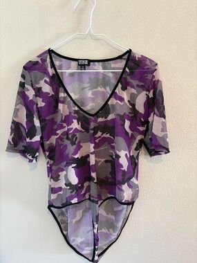Poster Girl Camouflage sheer mesh bodysuit with short sleeves